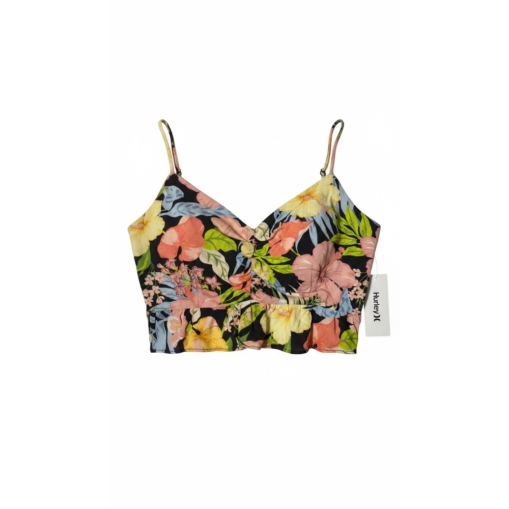 NWT Hurley Black Tropical Floral Crop Top Size L Womens Sunset District Ruffle